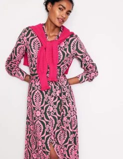 Kleider & Jumpsuits | Kleider In Petite | Boden Marcia Midi-Hemdblusenkleid aus Jersey-Festliches Rosa, Blattstempel FestlichesRosa,Blattstempel