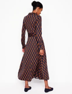 Kleider & Jumpsuits | Kleider In Petite | Boden Marcia Midi-Hemdblusenkleid aus Jersey-Cognak, Motiv Chevron-Swirl Cognak,MotivChevron-Swirl