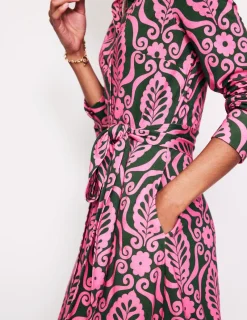 Kleider & Jumpsuits | Kleider In Petite | Boden Marcia Midi-Hemdblusenkleid aus Jersey-Festliches Rosa, Blattstempel FestlichesRosa,Blattstempel