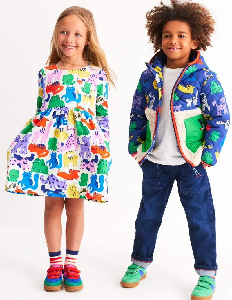 Kleider | Boden Originelles langärmeliges Jerseykleid-Bunt Haferbeige Regenbogen Tiere BuntHaferbeigeRegenbogenTiere