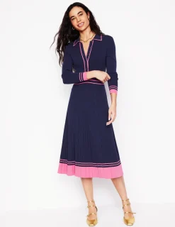 Kleider & Jumpsuits | Midi | Boden Plissiertes Strickkleid mit Kragen-Marineblau/Rosa Blockfarben Marineblau/RosaBlockfarben