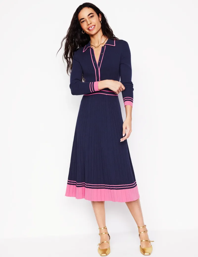 Kleider & Jumpsuits | Midi | Boden Plissiertes Strickkleid mit Kragen-Marineblau/Rosa Blockfarben Marineblau/RosaBlockfarben