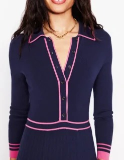 Kleider & Jumpsuits | Midi | Boden Plissiertes Strickkleid mit Kragen-Marineblau/Rosa Blockfarben Marineblau/RosaBlockfarben