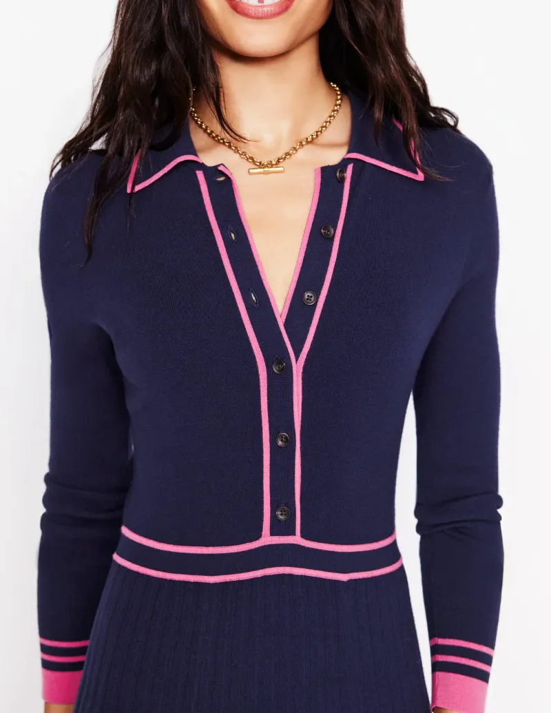 Kleider & Jumpsuits | Midi | Boden Plissiertes Strickkleid mit Kragen-Marineblau/Rosa Blockfarben Marineblau/RosaBlockfarben