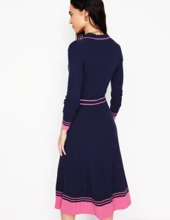 Kleider & Jumpsuits | Midi | Boden Plissiertes Strickkleid mit Kragen-Marineblau/Rosa Blockfarben Marineblau/RosaBlockfarben