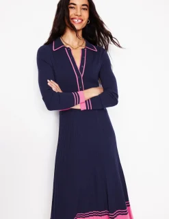 Kleider & Jumpsuits | Midi | Boden Plissiertes Strickkleid mit Kragen-Marineblau/Rosa Blockfarben Marineblau/RosaBlockfarben