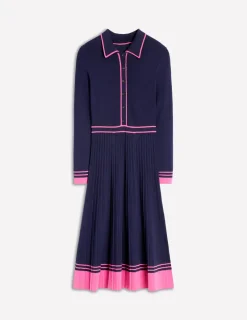 Kleider & Jumpsuits | Midi | Boden Plissiertes Strickkleid mit Kragen-Marineblau/Rosa Blockfarben Marineblau/RosaBlockfarben