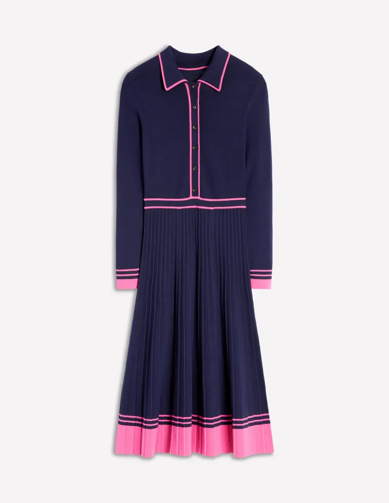 Kleider & Jumpsuits | Midi | Boden Plissiertes Strickkleid mit Kragen-Marineblau/Rosa Blockfarben Marineblau/RosaBlockfarben