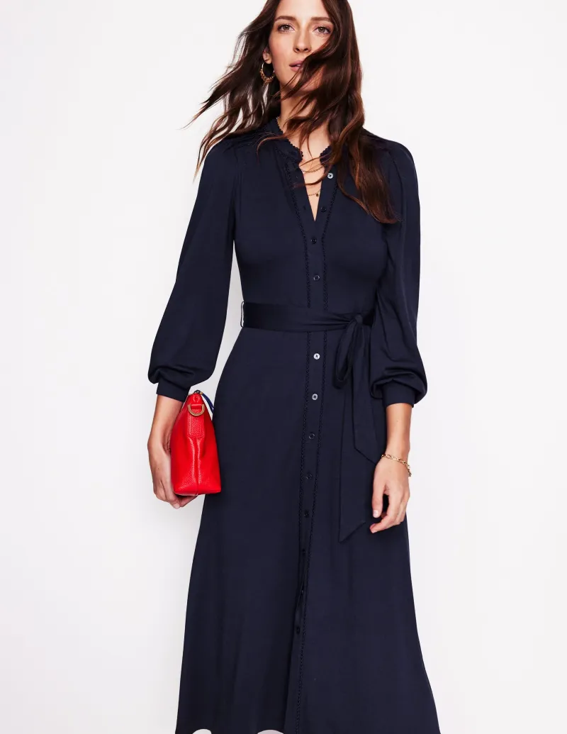 Kleider & Jumpsuits | Kleider In Petite | Boden Rowena Jersey-Hemdblusenkleid mit Besatz-Aqua Marine Marl AquaMarineMarl