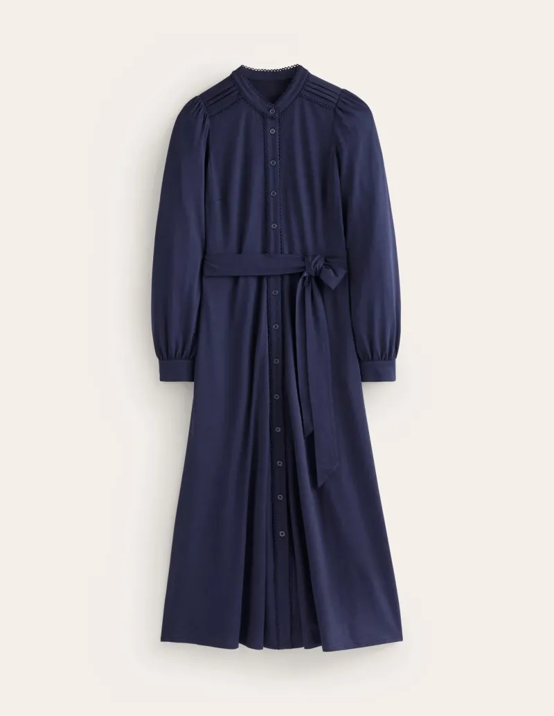 Kleider & Jumpsuits | Kleider In Petite | Boden Rowena Jersey-Hemdblusenkleid mit Besatz-Aqua Marine Marl AquaMarineMarl