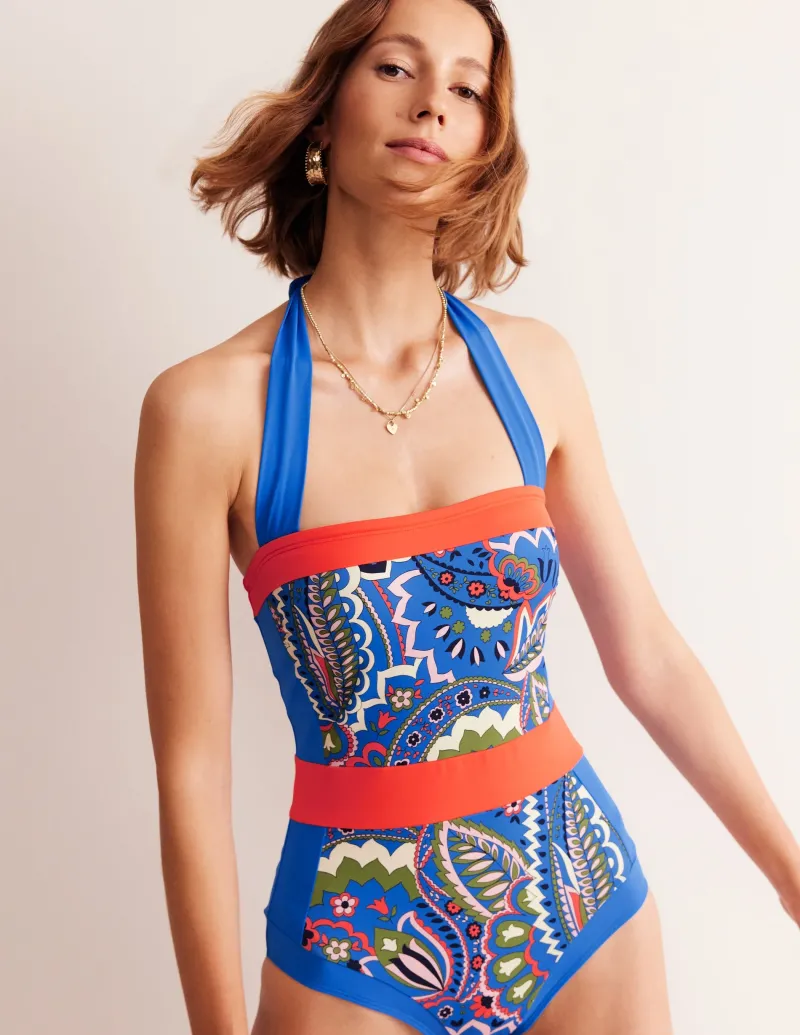 Bademode | Boden Santorini Neckholder-Badeanzug-Blau, Blätter Paisley Blau,BlätterPaisley