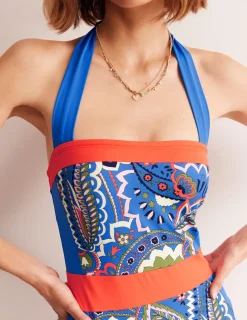 Bademode | Boden Santorini Neckholder-Badeanzug-Blau, Blätter Paisley Blau,BlätterPaisley