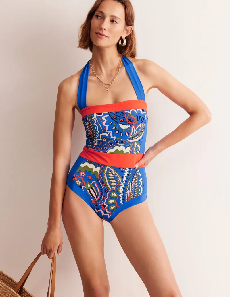 Bademode | Boden Santorini Neckholder-Badeanzug-Blau, Blätter Paisley Blau,BlätterPaisley
