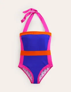 Bademode | Boden Santorini Neckholder-Badeanzug-Blau / Rosa Blockfarben
