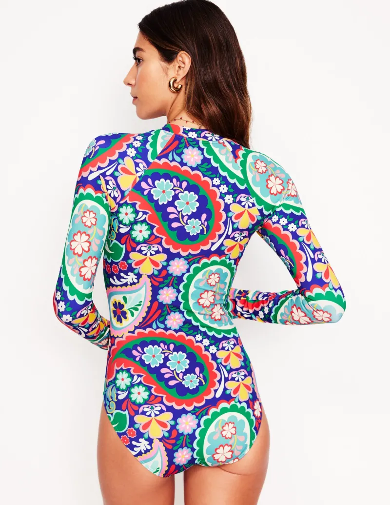 Bademode | Boden Sportlicher Badeanzug mit Raglanärmeln-Bunt, Wiesen-Paisley Bunt,Wiesen-Paisley