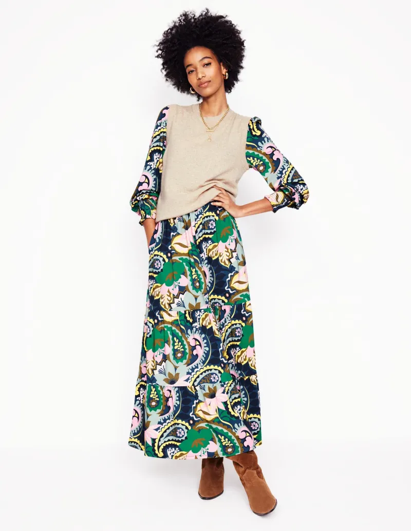 Kleider & Jumpsuits | Midi | Boden Tabitha Gestuftes Jerseykleid-Grün, Botanik-Paisley Grün,Botanik-Paisley