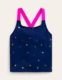 Bademode | Boden Tankini-Oberteil mit gekreuzten Rückenträgern-Marineblau Regenbogen Konfetti Punkte MarineblauRegenbogenKonfettiPunkte