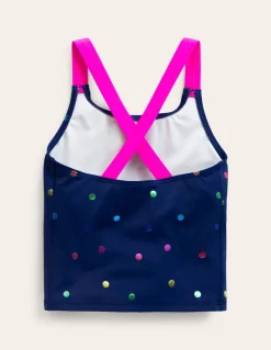 Bademode | Boden Tankini-Oberteil mit gekreuzten Rückenträgern-Marineblau Regenbogen Konfetti Punkte MarineblauRegenbogenKonfettiPunkte