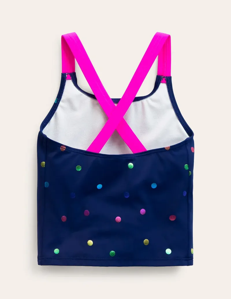 Bademode | Boden Tankini-Oberteil mit gekreuzten Rückenträgern-Marineblau Regenbogen Konfetti Punkte MarineblauRegenbogenKonfettiPunkte