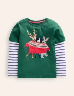 Oberteile & T-shirts | Boden T-Shirt mit Applikation im Lagenlook-Schmucksteingrün Festliche Tiere SchmucksteingrünFestlicheTiere