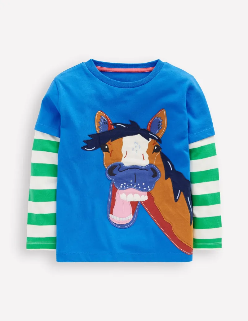 Oberteile & T-shirts | Boden T-Shirt mit Applikation im Lagenlook-Eisvogelblau Pferd EisvogelblauPferd