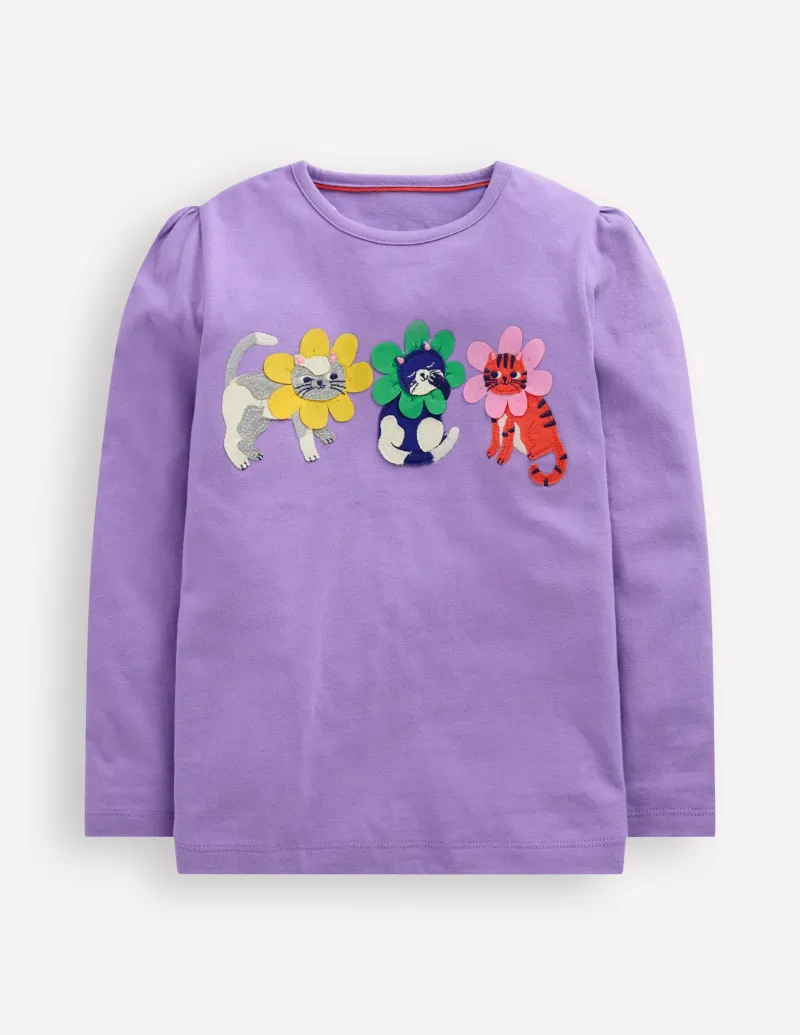Oberteile & T-shirts | Boden T-Shirt mit Puffärmeln und Applikation-Asternlila Blumen Katzen AsternlilaBlumenKatzen