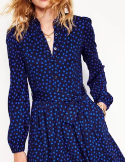 Kleider & Jumpsuits | Knielang | Boden Willow Kurzes Hemdblusenkleid mit Rüschen-Französisches Marineblau, Abstrakte Punkte FranzösischesMarineblau,AbstraktePunkte